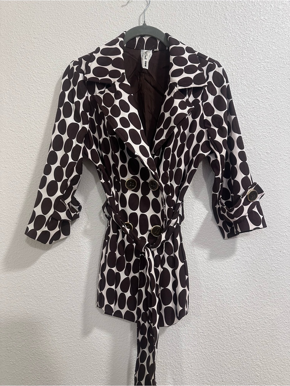 Polka Dot Belted Trench Coat - Brown & White